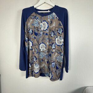 Soft Surroundings Womens Peacock Mixed Media Knit Top Large Blue Long Sleeve
